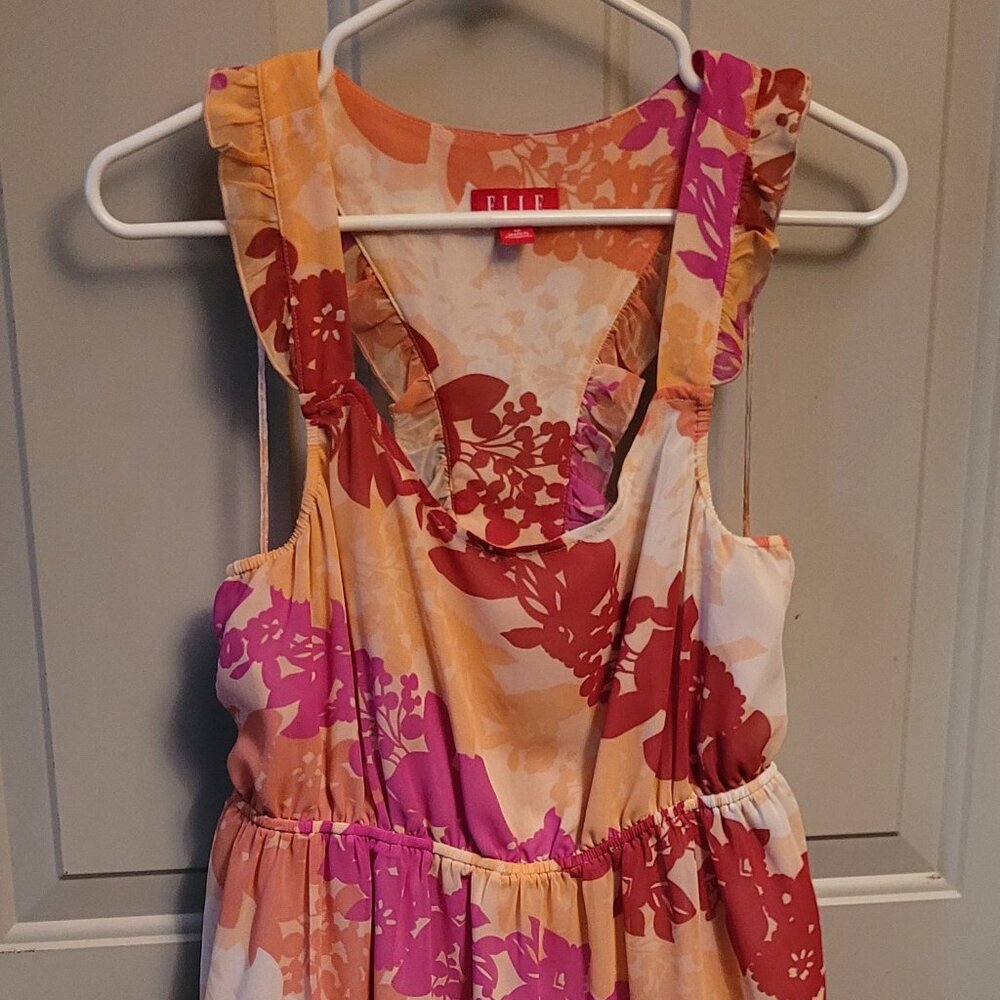 ELLE Sweet Lightweight Pink & Melon Floral Print Pullover Dress Misses Size Med